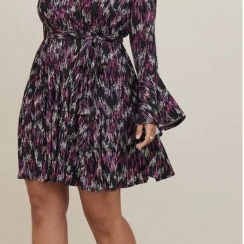 Mini Studio Knit Tiered Dress | Black Purple Print Long Ruffle Sleeve Size 2 image 2
